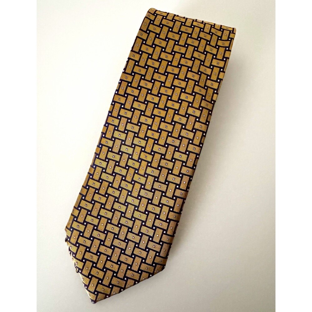 Jos. A. Bank Executive Collection Silk Tie Gold Navy Blue Geometric Basketweave